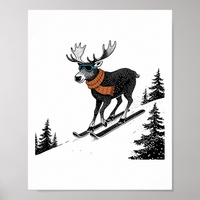 Skiing Moose – Funny Winter Mountain, Ski-slope Fu Poster (Front)