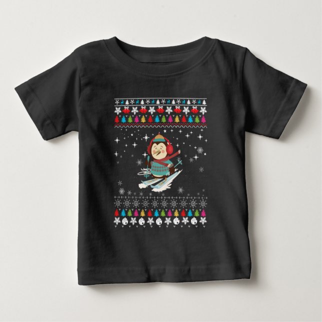 Skiing Penguin Christmas Baby T-Shirt (Front)