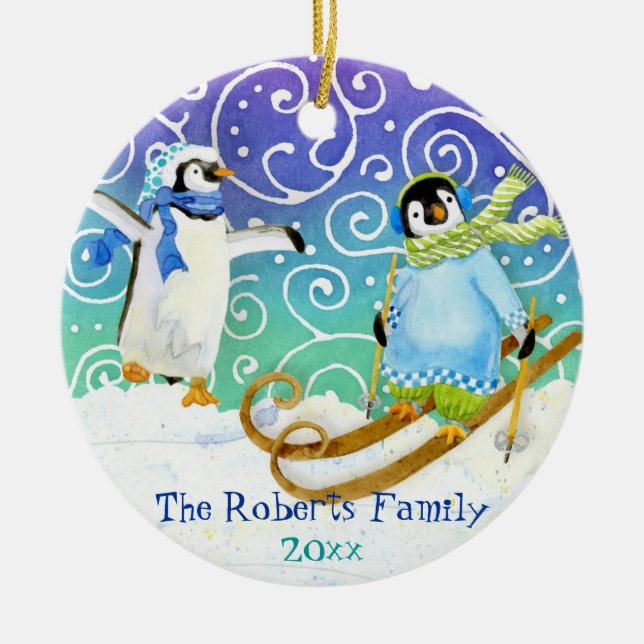 Skiing Penguin Family Custom Christmas Ornament (Front)