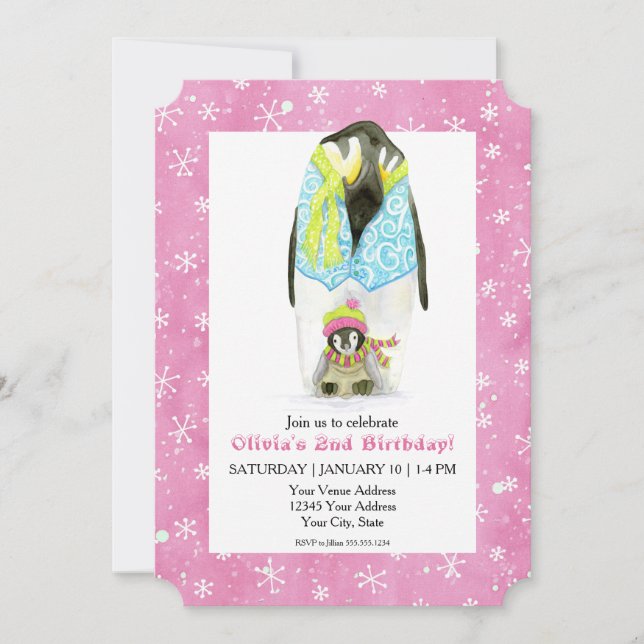 Skiing Penguin Girl Birthday Party Ski Snowflake Invitation (Front)