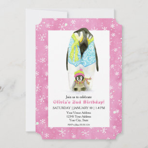 Skiing Penguin Girl Birthday Party Ski Snowflake Invitation