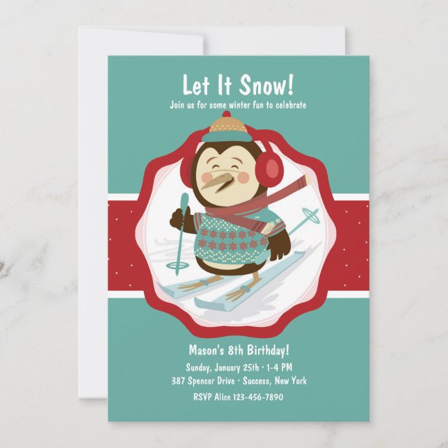 Skiing Penguin Invitation (Front)