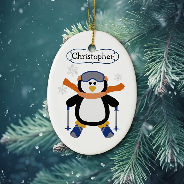 Skiing Penguin Personalised Ceramic Tree Decoration (Creator Uploaded)