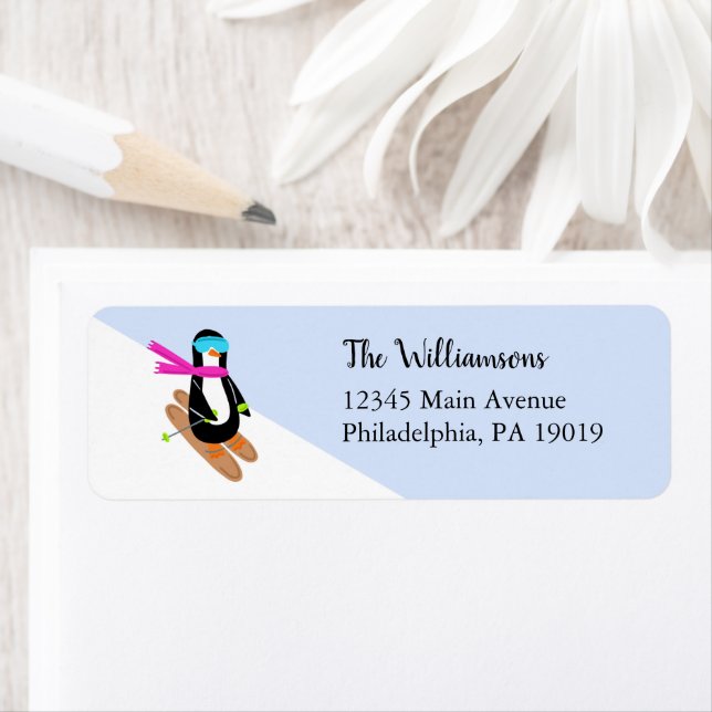 Skiing Penguin Winter Christmas Return Address Label (Insitu)