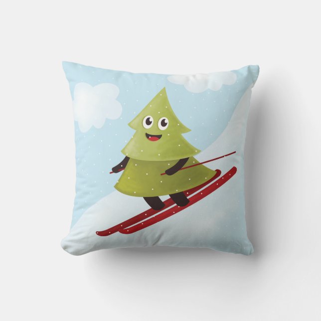 Skiing Pine Tree Cute Snow Sports Winter Cushion (Front)