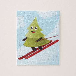 Skiing Pine Tree Cute Snow Sports Winter Jigsaw Puzzle