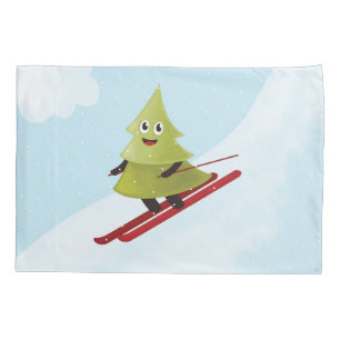 Skiing Pine Tree Cute Snow Sports Winter Pillowcase