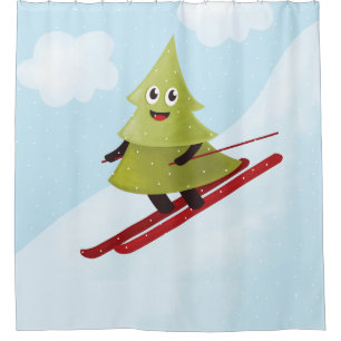 Skiing Pine Tree Cute Snow Sports Winter Shower Curtain