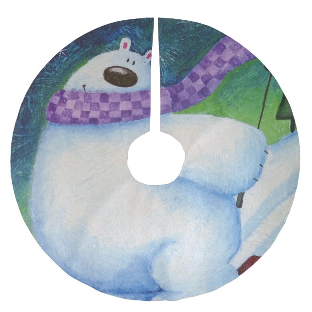 Skiing Polar Bear Brushed Polyester Tree Skirt (Front)