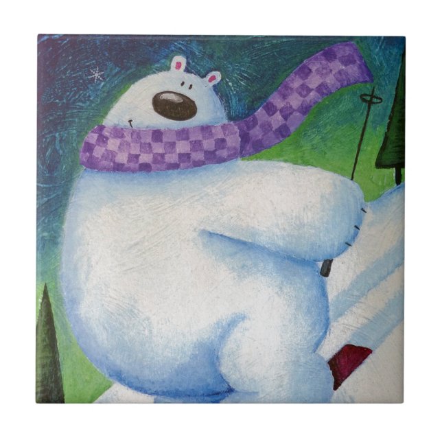 Skiing Polar Bear Ceramic Tile (Front)