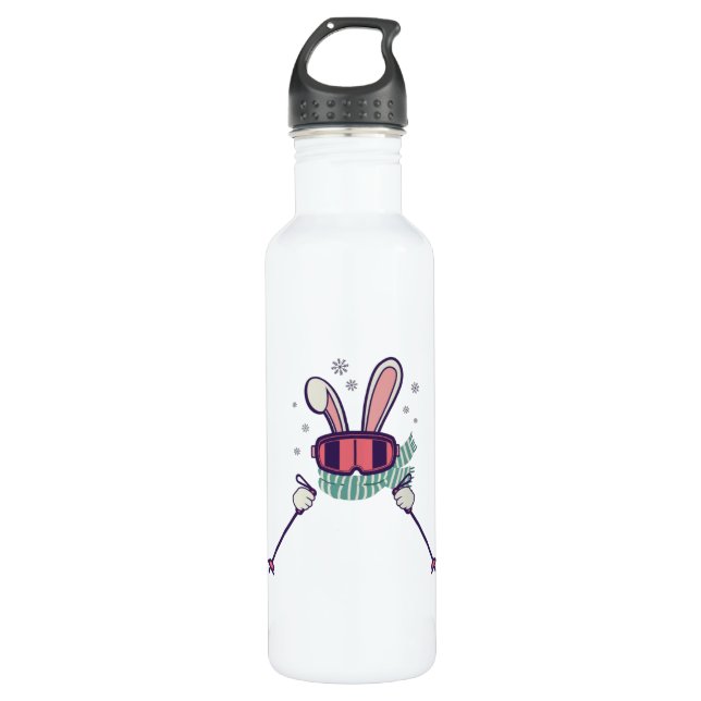 Skiing Rabbit with ski poles and ski goggles 710 Ml Water Bottle (Front)