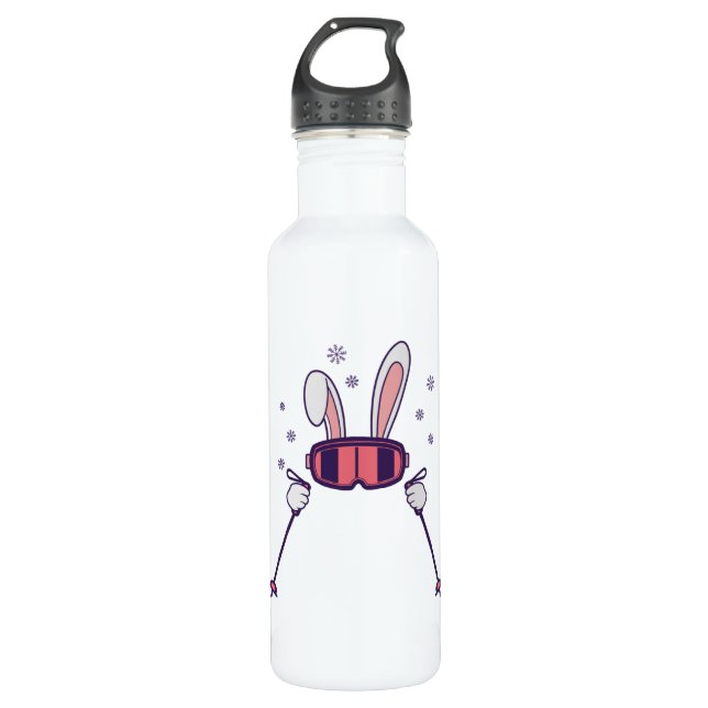 Skiing Rabbit with ski poles and ski goggles 710 Ml Water Bottle (Front)