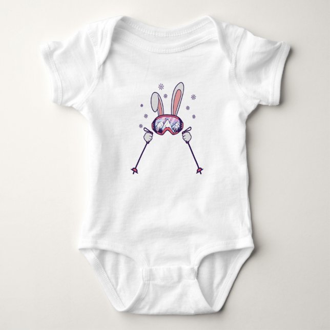 Skiing Rabbit with ski poles and ski goggles Baby Bodysuit (Front)