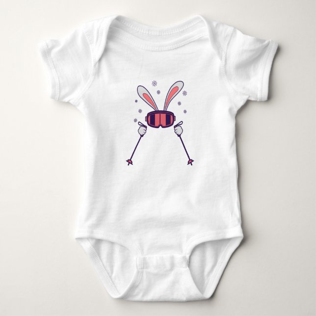 Skiing Rabbit with ski poles and ski goggles Baby Bodysuit (Front)