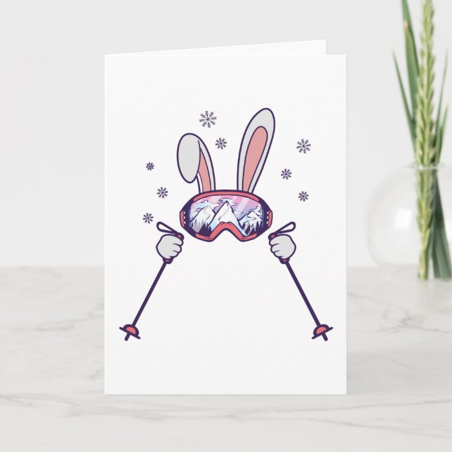 Skiing Rabbit with ski poles and ski goggles Card (Front)