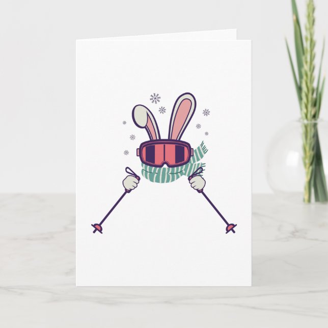 Skiing Rabbit with ski poles and ski goggles Card (Front)