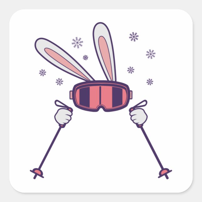 Skiing Rabbit with ski poles and ski goggles Square Sticker (Front)