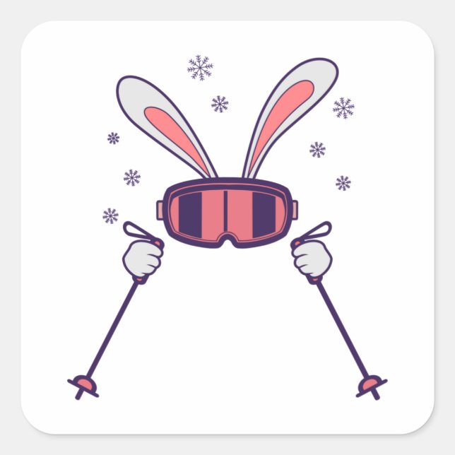 Skiing Rabbit with ski poles and ski goggles Square Sticker (Front)