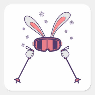 Skiing Rabbit with ski poles and ski goggles Square Sticker