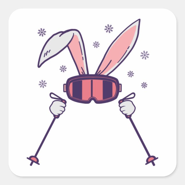 Skiing Rabbit with ski poles and ski goggles Square Sticker (Front)
