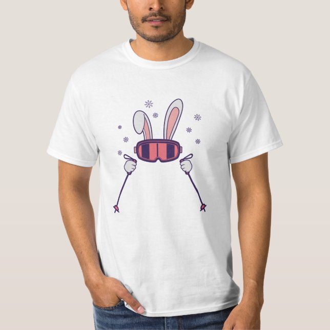 Skiing Rabbit with ski poles and ski goggles T-Shirt (Front)