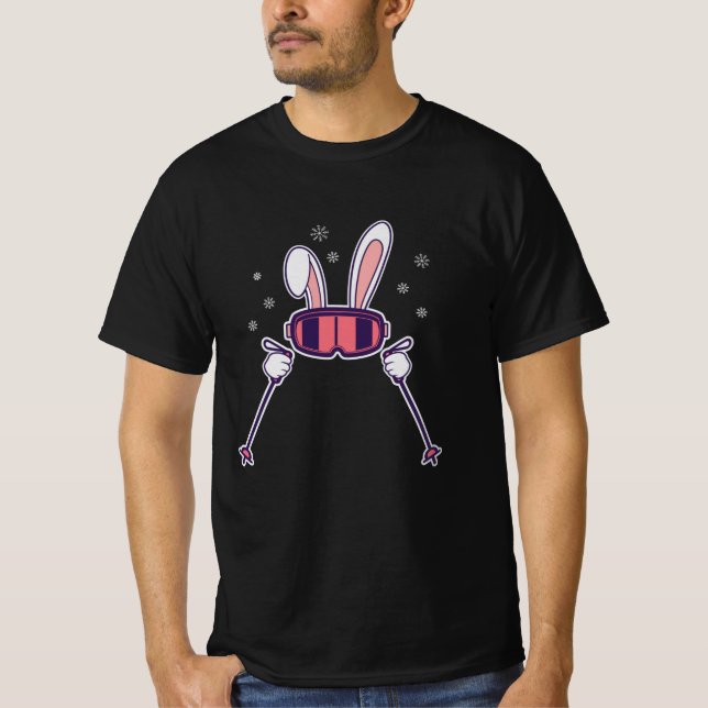 Skiing Rabbit with ski poles and ski goggles T-Shirt (Front)