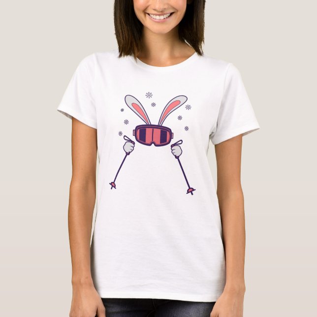 Skiing Rabbit with ski poles and ski goggles T-Shirt (Front)