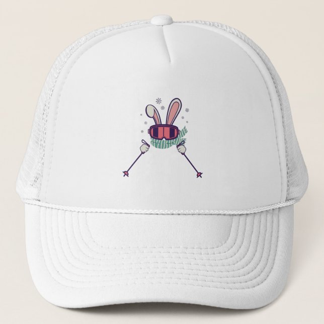 Skiing Rabbit with ski poles and ski goggles Trucker Hat (Front)