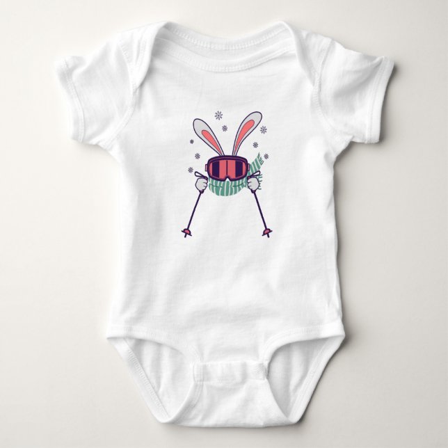 Skiing Rabbit with ski poles ski goggles and scarf Baby Bodysuit (Front)