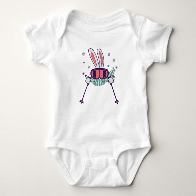 Skiing Rabbit with ski poles ski goggles and scarf Baby Bodysuit (Front)