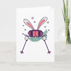 Skiing Rabbit with ski poles ski goggles and scarf Card