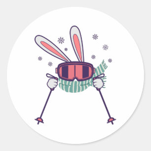 Skiing Rabbit with ski poles ski goggles and scarf Classic Round Sticker