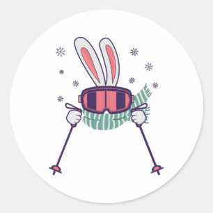 Skiing Rabbit with ski poles ski goggles and scarf Classic Round Sticker