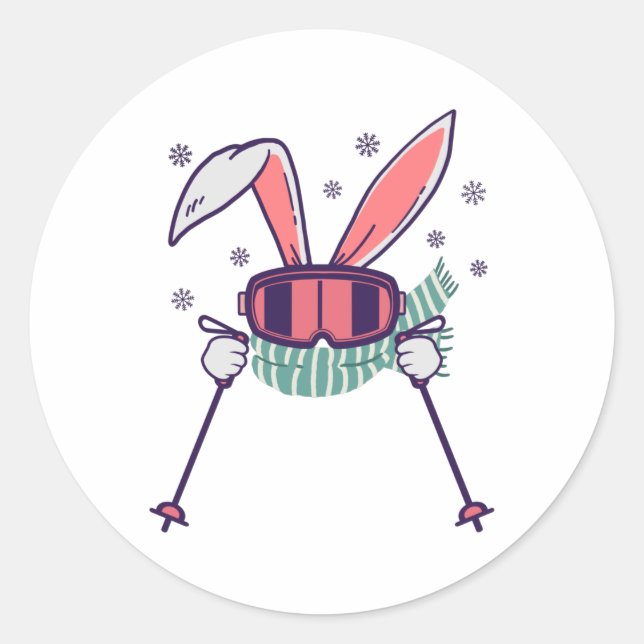 Skiing Rabbit with ski poles ski goggles and scarf Classic Round Sticker (Front)
