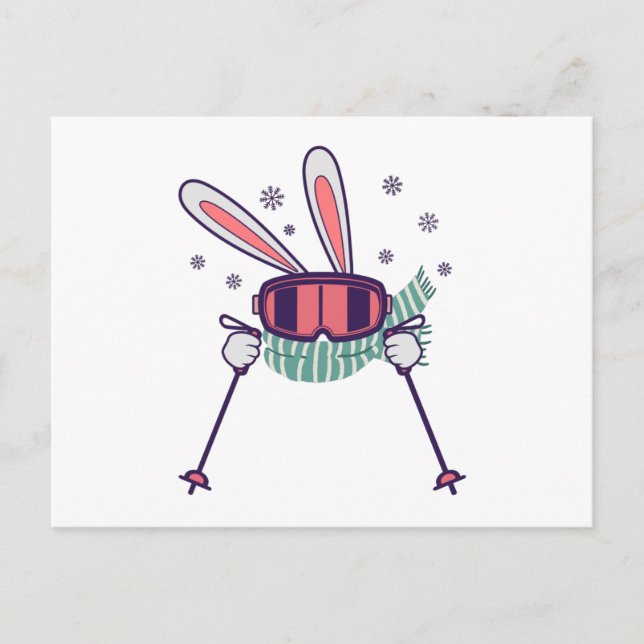 Skiing Rabbit with ski poles ski goggles and scarf Postcard (Front)