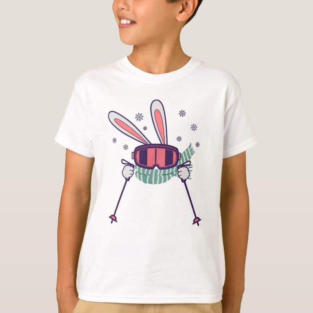Skiing Rabbit with ski poles ski goggles and scarf T-Shirt (Front)