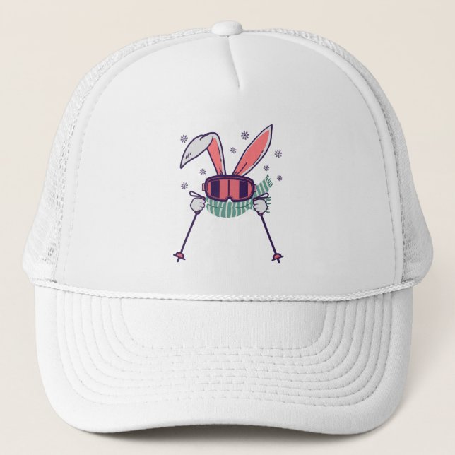 Skiing Rabbit with ski poles ski goggles and scarf Trucker Hat (Front)