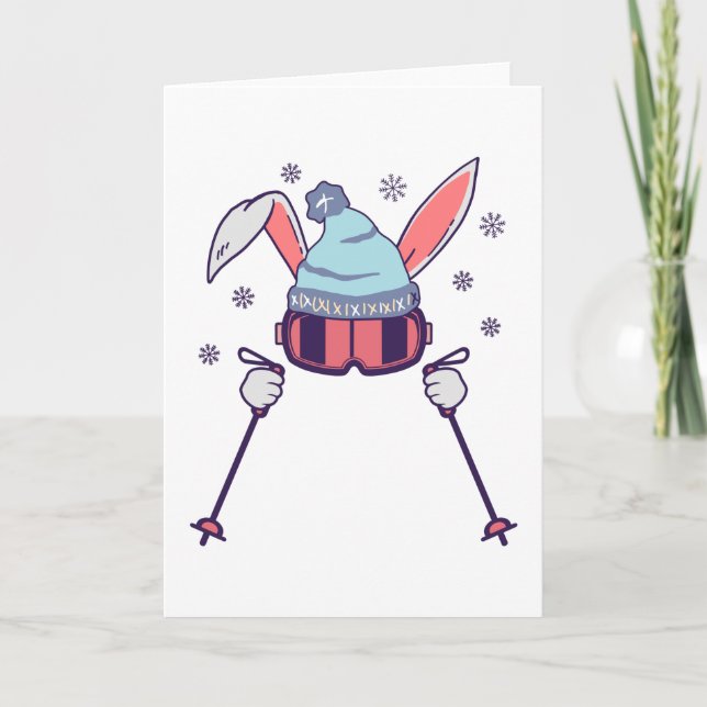 Skiing Rabbit with ski poles ski goggles ski cap Card (Front)
