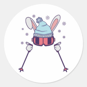 Skiing Rabbit with ski poles ski goggles ski cap Classic Round Sticker