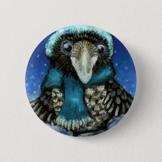 Skiing raven 6 cm round badge (Front)