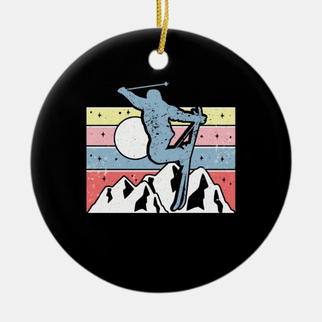 Skiing Retro Ceramic Ornament (Front)