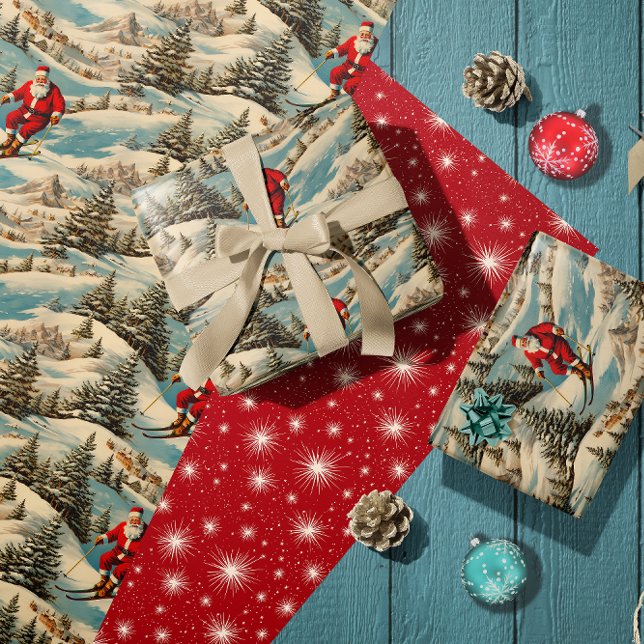 Skiing Retro Santa Wrapping Paper Sheet (Creator Uploaded)