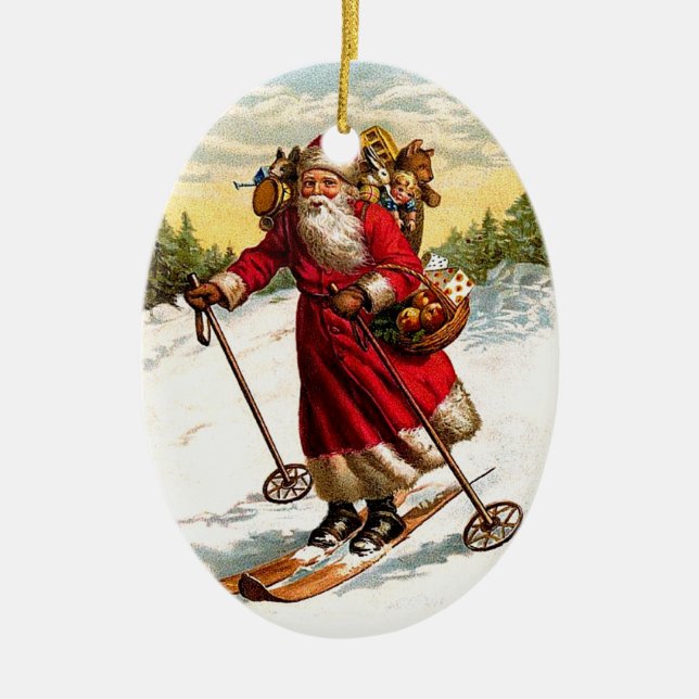 Skiing Santa Claus Ceramic Ornament (Front)