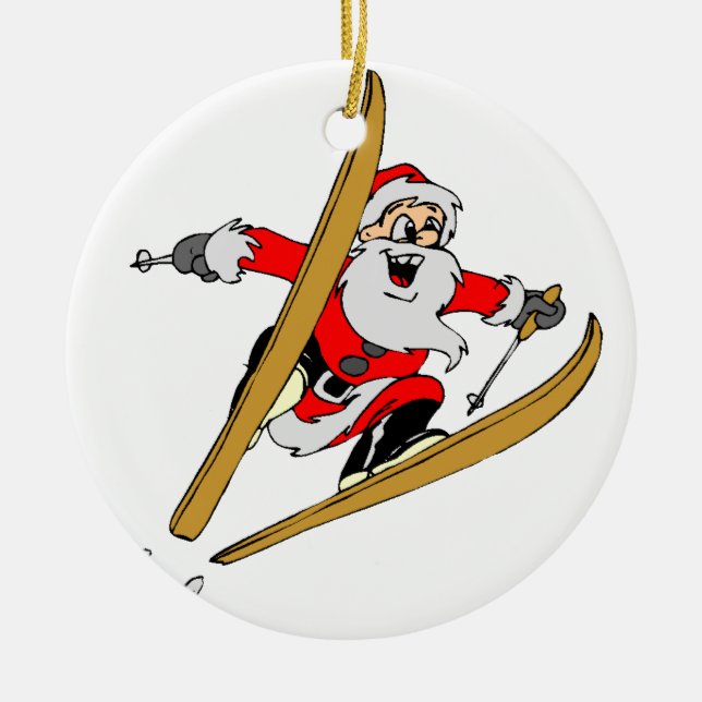Skiing Santa Claus Ceramic Tree Decoration (Front)