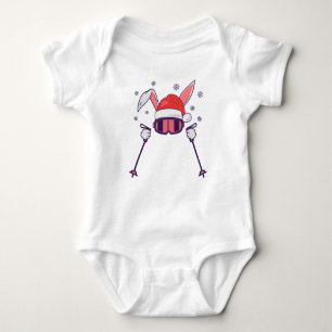 Skiing Santa Rabbit with Santa Hat and ski poles S Baby Bodysuit