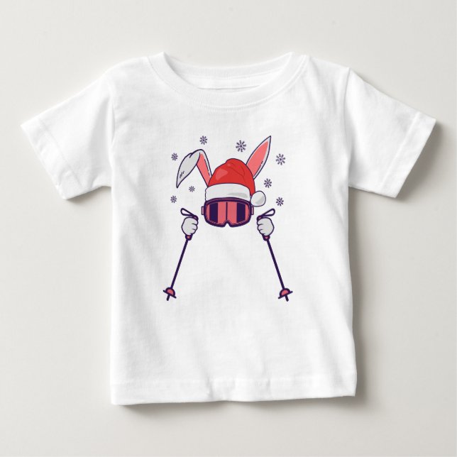 Skiing Santa Rabbit with Santa Hat and ski poles S Baby T-Shirt (Front)