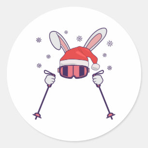 Skiing Santa Rabbit with Santa Hat and ski poles S Classic Round Sticker