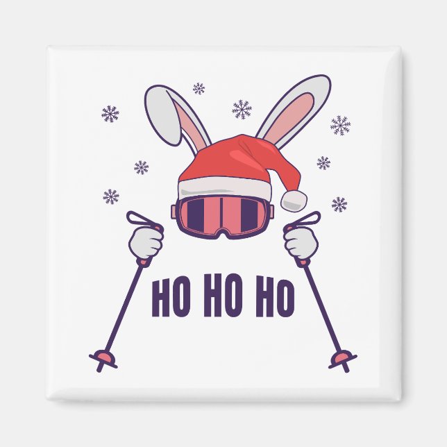 Skiing Santa Rabbit with Santa Hat and ski poles S Magnet (Front)
