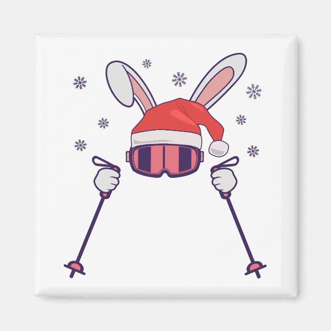 Skiing Santa Rabbit with Santa Hat and ski poles S Magnet (Front)