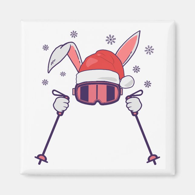 Skiing Santa Rabbit with Santa Hat and ski poles S Magnet (Front)